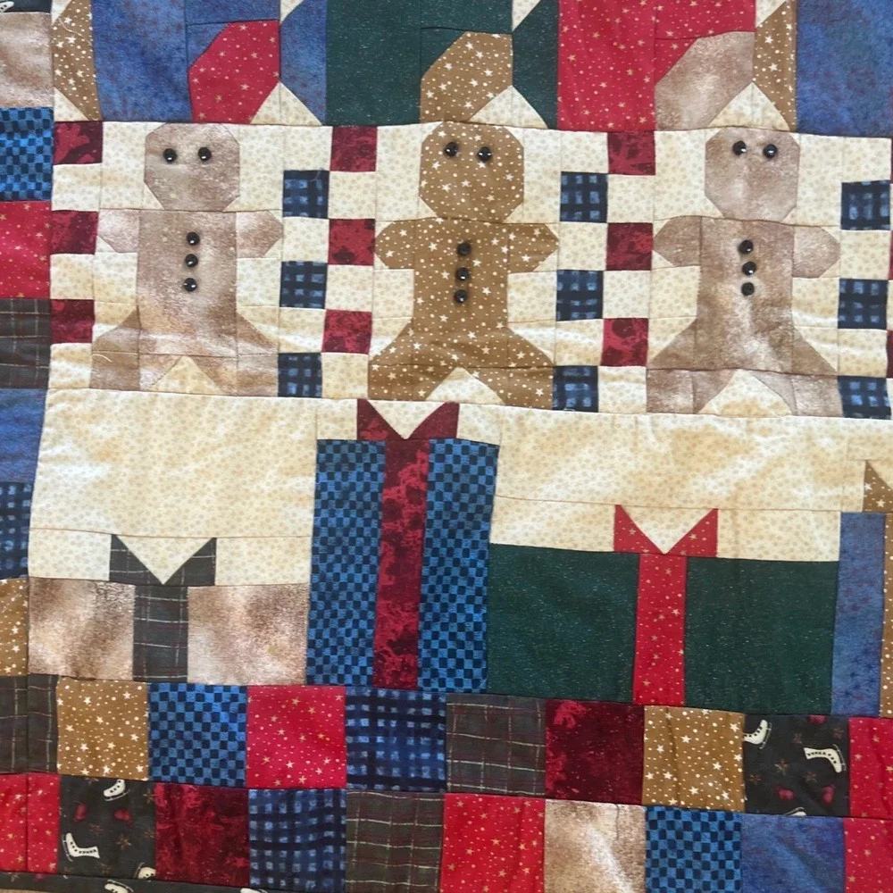 Handmade Christmas Patchwork Quilt Santa Gingerbread Wall Hanging Primitive